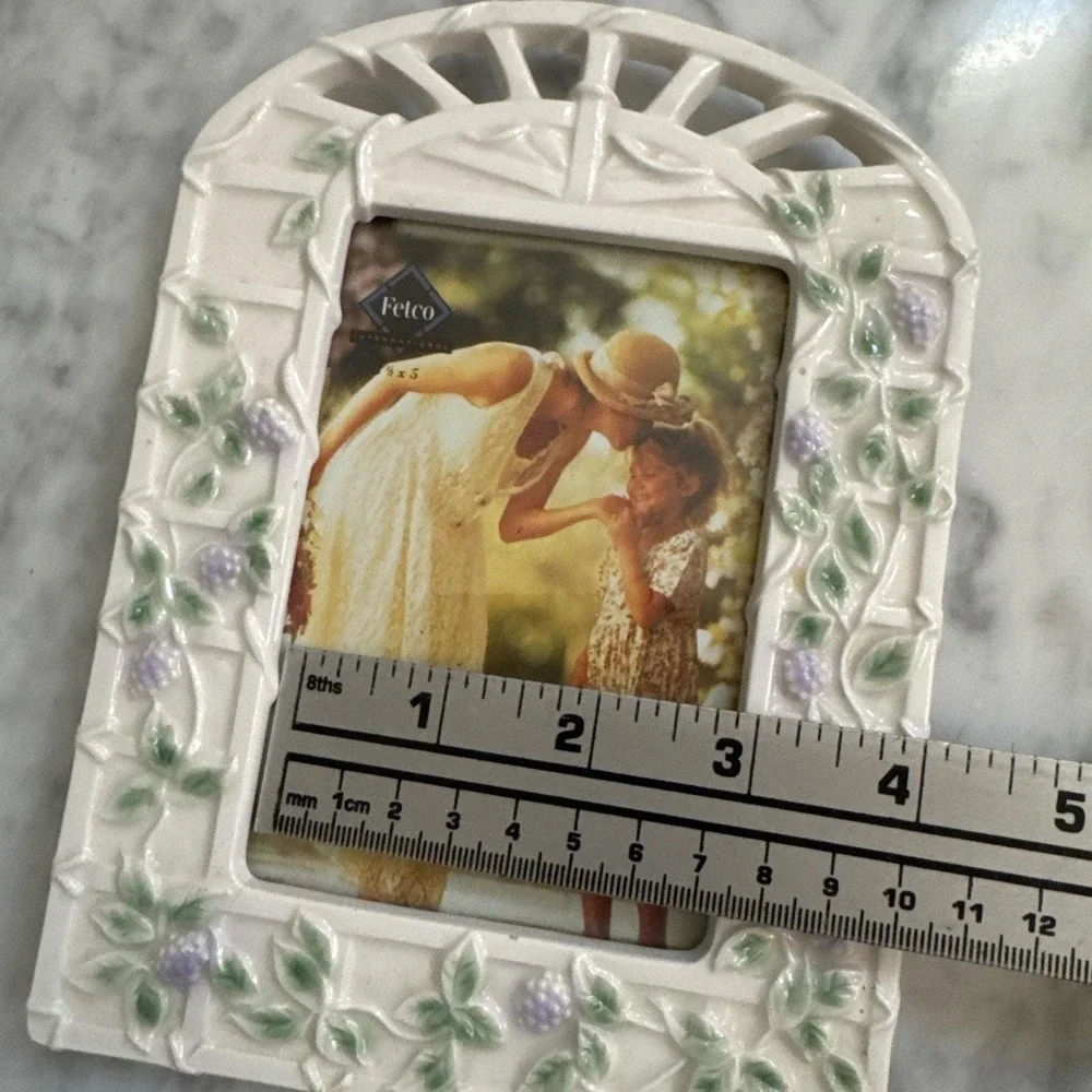 Fetco Ceramic Floral Painted Picture Frame‎ Vines Garden Purple Flowers 4.5 X3